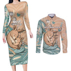 Personalised Australia Mother's Day Couples Matching Long Sleeve Bodycon Dress and Long Sleeve Button Shirt Kangaroo Mum And Joey Aboriginal Dot Art