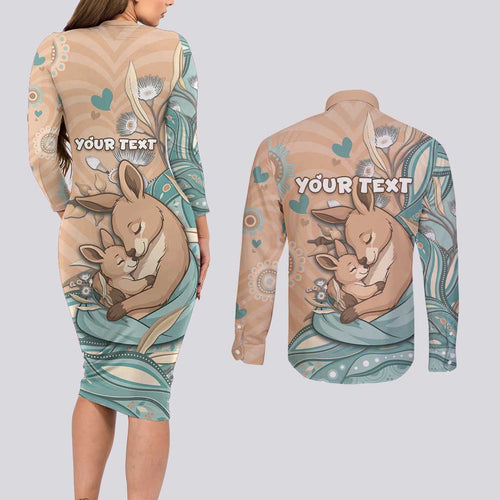 Personalised Australia Mother's Day Couples Matching Long Sleeve Bodycon Dress and Long Sleeve Button Shirt Kangaroo Mum And Joey Aboriginal Dot Art