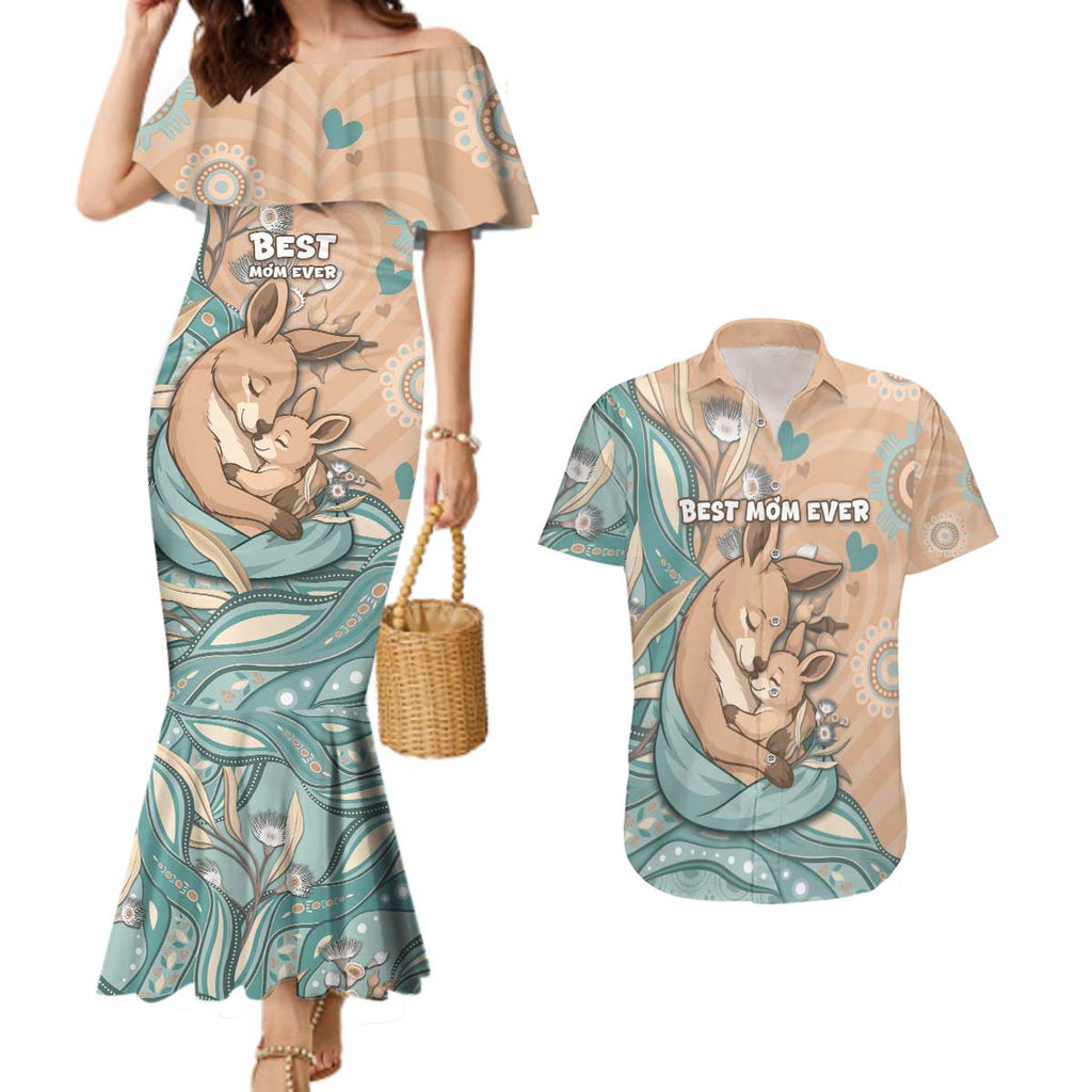 Personalised Australia Mother's Day Couples Matching Mermaid Dress and Hawaiian Shirt Kangaroo Mum And Joey Aboriginal Dot Art