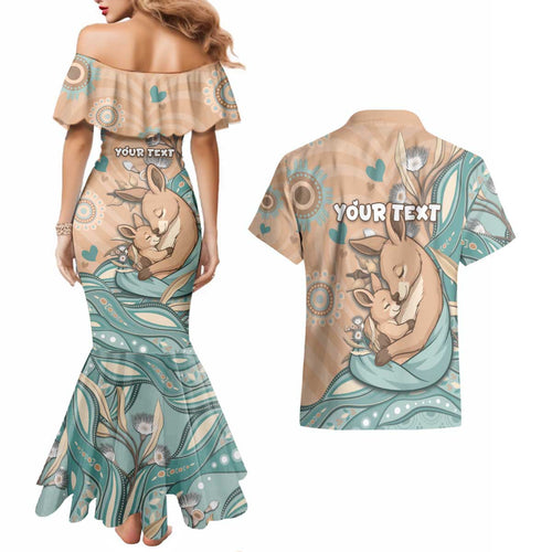 Personalised Australia Mother's Day Couples Matching Mermaid Dress and Hawaiian Shirt Kangaroo Mum And Joey Aboriginal Dot Art