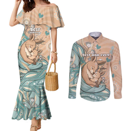 Personalised Australia Mother's Day Couples Matching Mermaid Dress and Long Sleeve Button Shirt Kangaroo Mum And Joey Aboriginal Dot Art