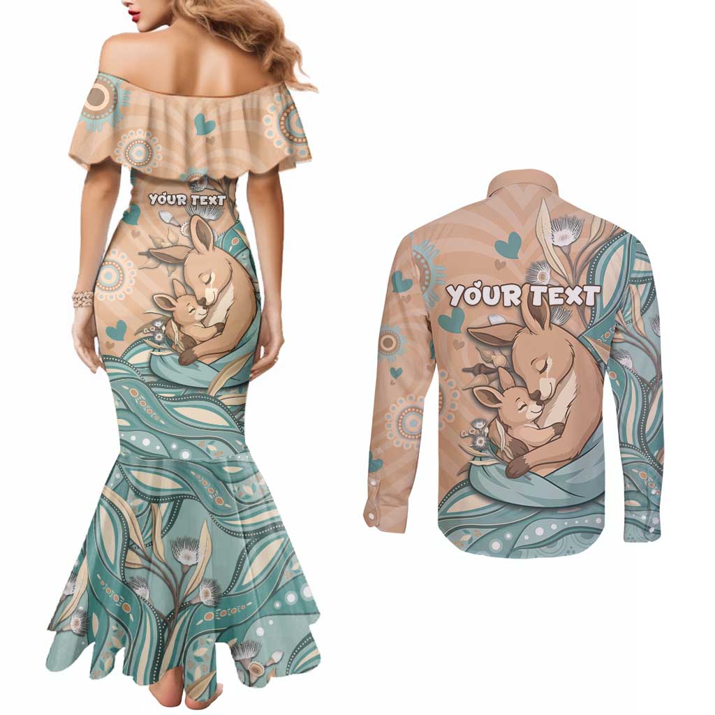 Personalised Australia Mother's Day Couples Matching Mermaid Dress and Long Sleeve Button Shirt Kangaroo Mum And Joey Aboriginal Dot Art