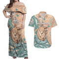 Personalised Australia Mother's Day Couples Matching Off Shoulder Maxi Dress and Hawaiian Shirt Kangaroo Mum And Joey Aboriginal Dot Art