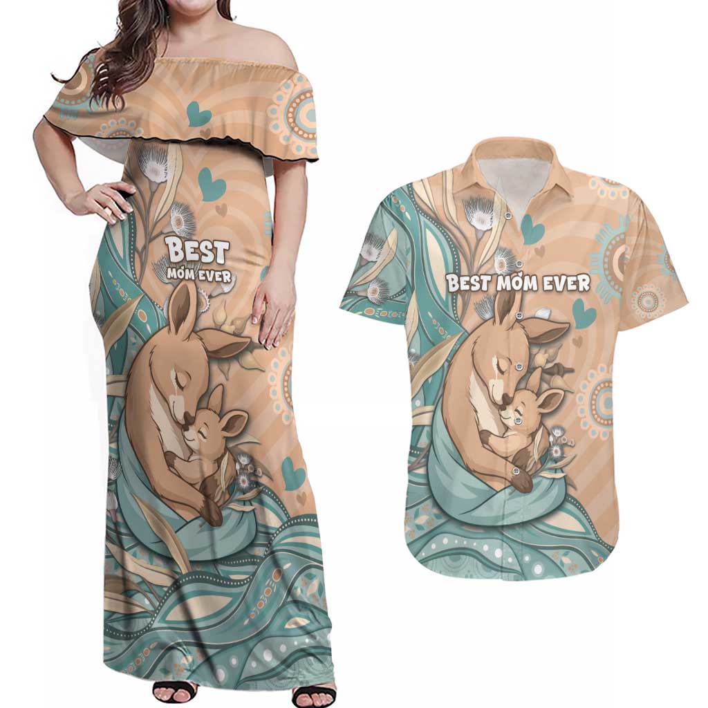 Personalised Australia Mother's Day Couples Matching Off Shoulder Maxi Dress and Hawaiian Shirt Kangaroo Mum And Joey Aboriginal Dot Art