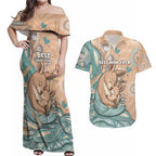 Personalised Australia Mother's Day Couples Matching Off Shoulder Maxi Dress and Hawaiian Shirt Kangaroo Mum And Joey Aboriginal Dot Art