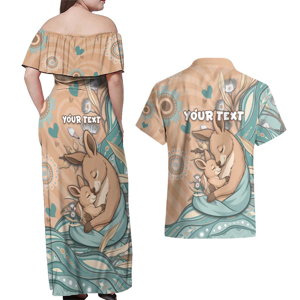 Personalised Australia Mother's Day Couples Matching Off Shoulder Maxi Dress and Hawaiian Shirt Kangaroo Mum And Joey Aboriginal Dot Art