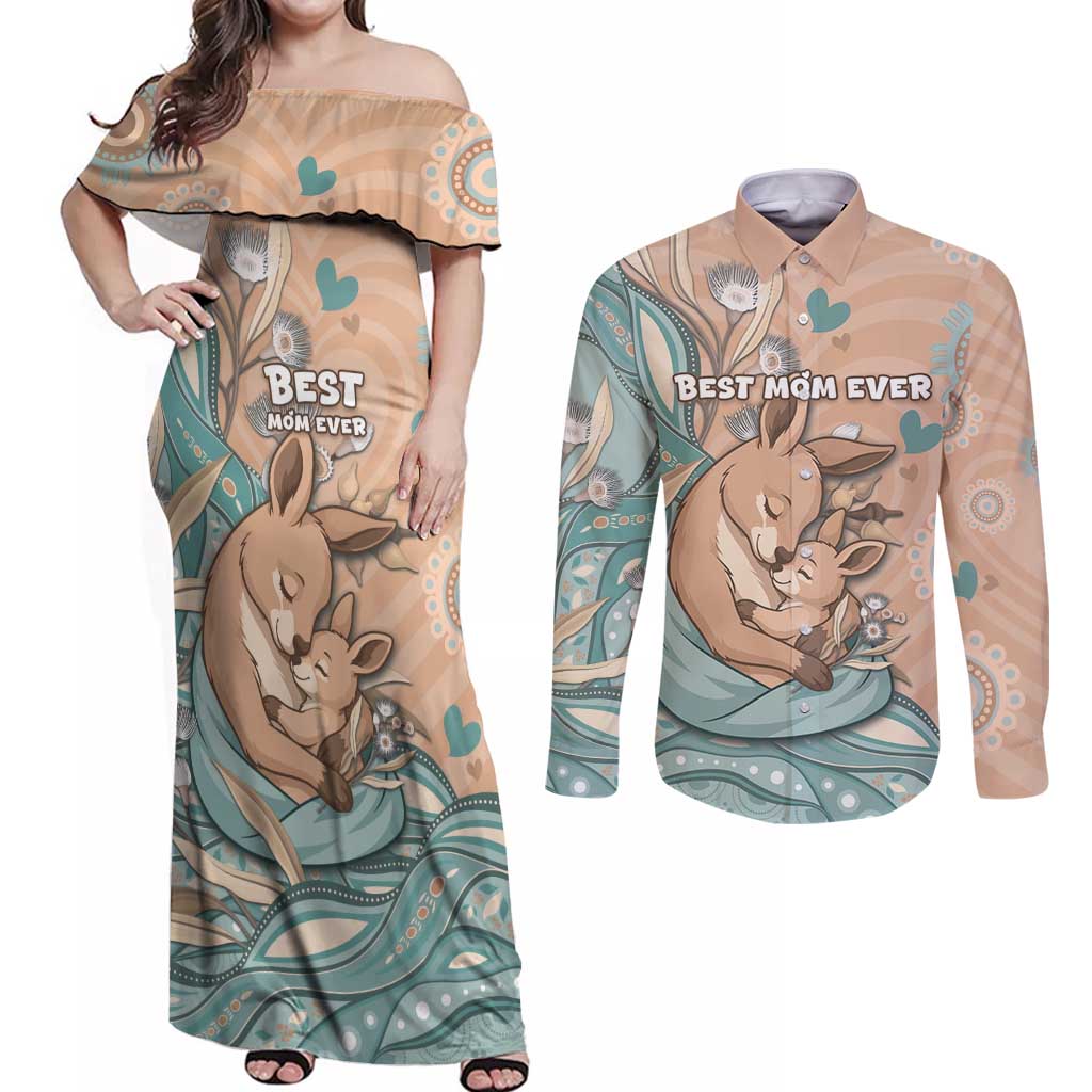 Personalised Australia Mother's Day Couples Matching Off Shoulder Maxi Dress and Long Sleeve Button Shirt Kangaroo Mum And Joey Aboriginal Dot Art