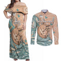 Personalised Australia Mother's Day Couples Matching Off Shoulder Maxi Dress and Long Sleeve Button Shirt Kangaroo Mum And Joey Aboriginal Dot Art