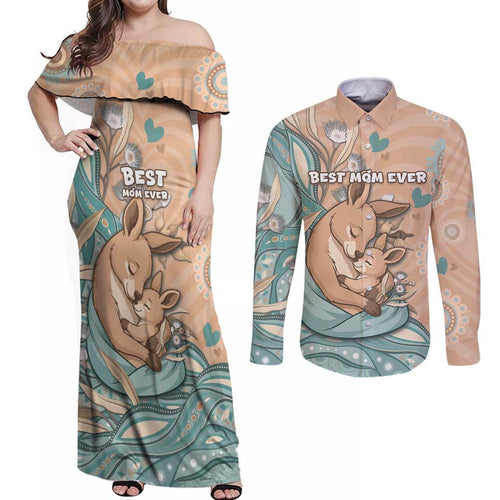 Personalised Australia Mother's Day Couples Matching Off Shoulder Maxi Dress and Long Sleeve Button Shirt Kangaroo Mum And Joey Aboriginal Dot Art