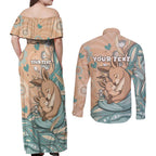 Personalised Australia Mother's Day Couples Matching Off Shoulder Maxi Dress and Long Sleeve Button Shirt Kangaroo Mum And Joey Aboriginal Dot Art