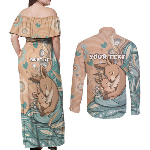 Personalised Australia Mother's Day Couples Matching Off Shoulder Maxi Dress and Long Sleeve Button Shirt Kangaroo Mum And Joey Aboriginal Dot Art