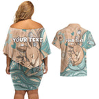 Personalised Australia Mother's Day Couples Matching Off Shoulder Short Dress and Hawaiian Shirt Kangaroo Mum And Joey Aboriginal Dot Art
