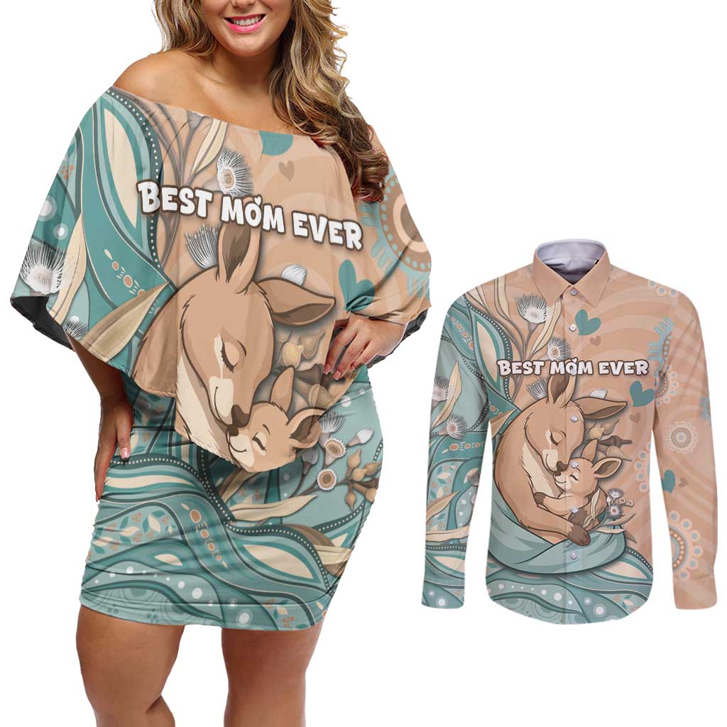 Personalised Australia Mother's Day Couples Matching Off Shoulder Short Dress and Long Sleeve Button Shirt Kangaroo Mum And Joey Aboriginal Dot Art