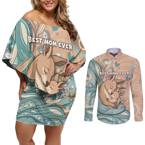 Personalised Australia Mother's Day Couples Matching Off Shoulder Short Dress and Long Sleeve Button Shirt Kangaroo Mum And Joey Aboriginal Dot Art