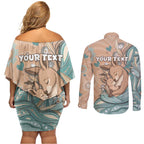 Personalised Australia Mother's Day Couples Matching Off Shoulder Short Dress and Long Sleeve Button Shirt Kangaroo Mum And Joey Aboriginal Dot Art