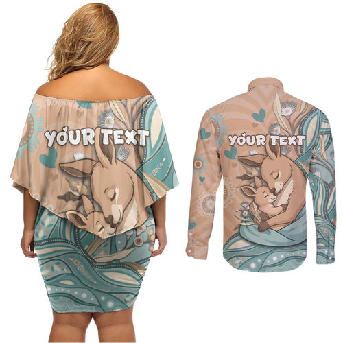 Personalised Australia Mother's Day Couples Matching Off Shoulder Short Dress and Long Sleeve Button Shirt Kangaroo Mum And Joey Aboriginal Dot Art
