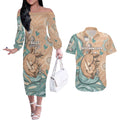 Personalised Australia Mother's Day Couples Matching Off The Shoulder Long Sleeve Dress and Hawaiian Shirt Kangaroo Mum And Joey Aboriginal Dot Art