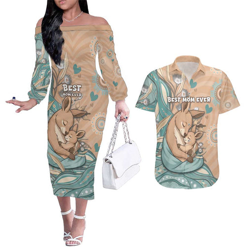 Personalised Australia Mother's Day Couples Matching Off The Shoulder Long Sleeve Dress and Hawaiian Shirt Kangaroo Mum And Joey Aboriginal Dot Art