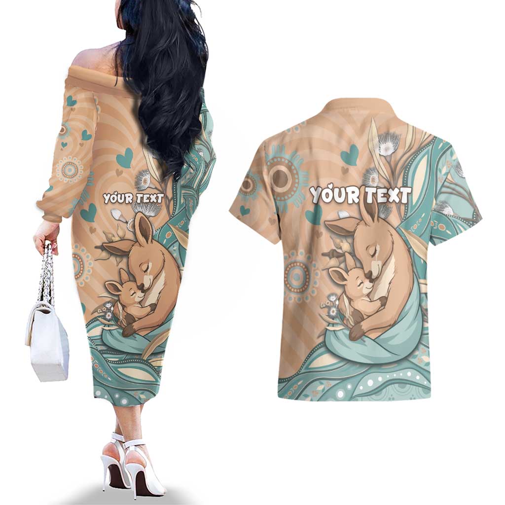 Personalised Australia Mother's Day Couples Matching Off The Shoulder Long Sleeve Dress and Hawaiian Shirt Kangaroo Mum And Joey Aboriginal Dot Art