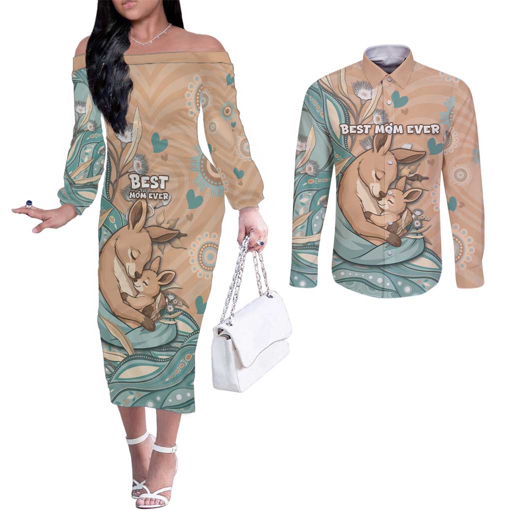 Personalised Australia Mother's Day Couples Matching Off The Shoulder Long Sleeve Dress and Long Sleeve Button Shirt Kangaroo Mum And Joey Aboriginal Dot Art