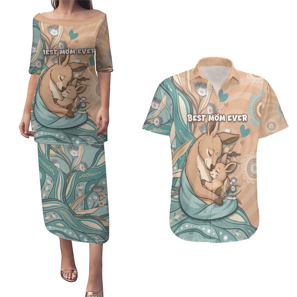 Personalised Australia Mother's Day Couples Matching Puletasi and Hawaiian Shirt Kangaroo Mum And Joey Aboriginal Dot Art