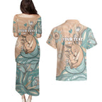 Personalised Australia Mother's Day Couples Matching Puletasi and Hawaiian Shirt Kangaroo Mum And Joey Aboriginal Dot Art