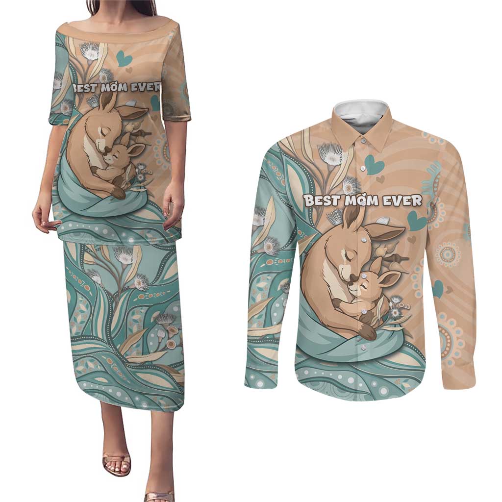 Personalised Australia Mother's Day Couples Matching Puletasi and Long Sleeve Button Shirt Kangaroo Mum And Joey Aboriginal Dot Art