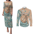 Personalised Australia Mother's Day Couples Matching Puletasi and Long Sleeve Button Shirt Kangaroo Mum And Joey Aboriginal Dot Art