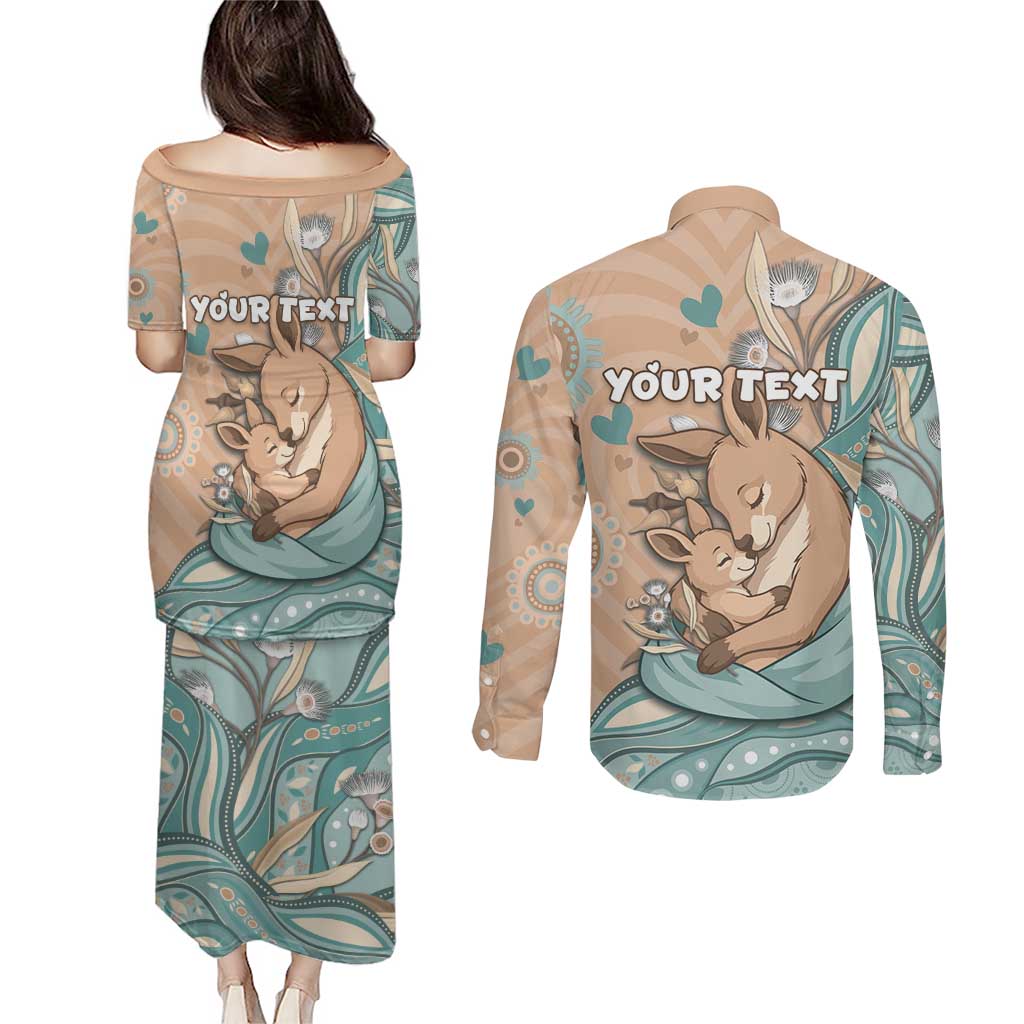 Personalised Australia Mother's Day Couples Matching Puletasi and Long Sleeve Button Shirt Kangaroo Mum And Joey Aboriginal Dot Art