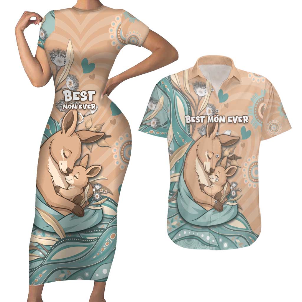 Personalised Australia Mother's Day Couples Matching Short Sleeve Bodycon Dress and Hawaiian Shirt Kangaroo Mum And Joey Aboriginal Dot Art