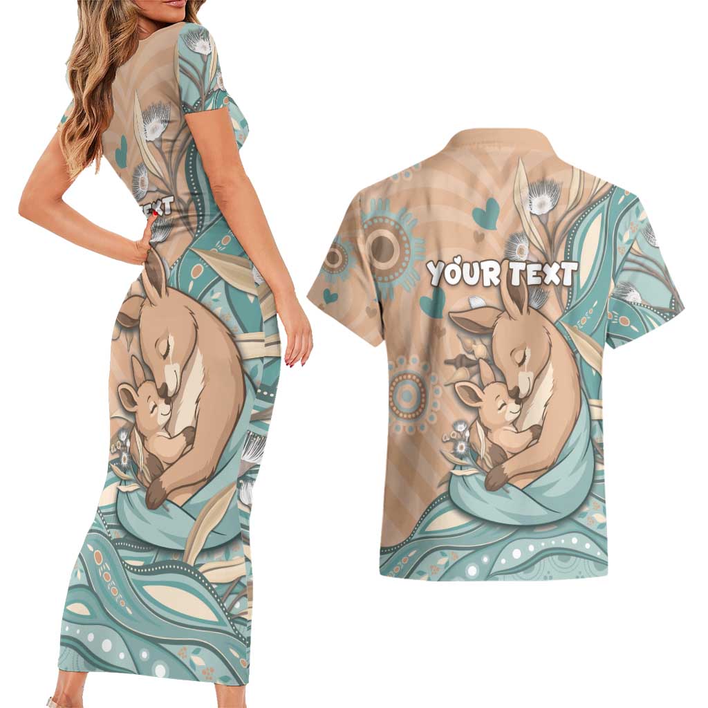 Personalised Australia Mother's Day Couples Matching Short Sleeve Bodycon Dress and Hawaiian Shirt Kangaroo Mum And Joey Aboriginal Dot Art