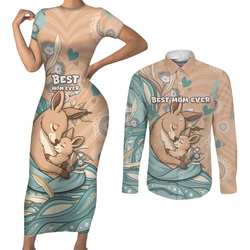 Personalised Australia Mother's Day Couples Matching Short Sleeve Bodycon Dress and Long Sleeve Button Shirt Kangaroo Mum And Joey Aboriginal Dot Art