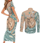 Personalised Australia Mother's Day Couples Matching Short Sleeve Bodycon Dress and Long Sleeve Button Shirt Kangaroo Mum And Joey Aboriginal Dot Art