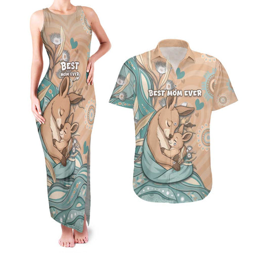 Personalised Australia Mother's Day Couples Matching Tank Maxi Dress and Hawaiian Shirt Kangaroo Mum And Joey Aboriginal Dot Art