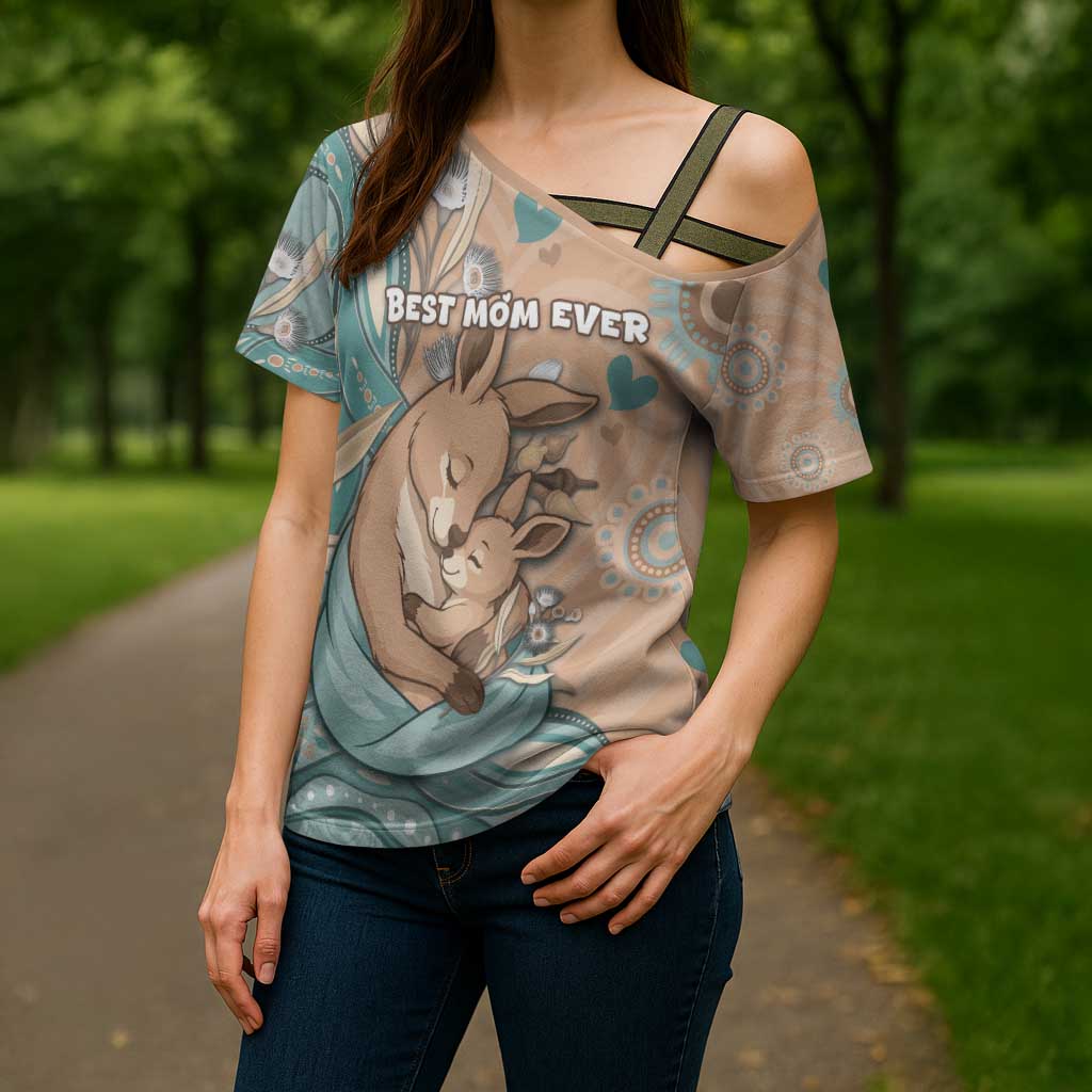 Personalised Australia Mother's Day Cross Shoulder Shirt Kangaroo Mum And Joey Aboriginal Dot Art