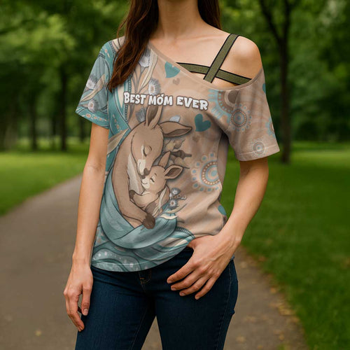 Personalised Australia Mother's Day Cross Shoulder Shirt Kangaroo Mum And Joey Aboriginal Dot Art