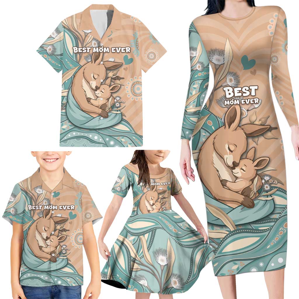 Personalised Australia Mother's Day Family Matching Long Sleeve Bodycon Dress and Hawaiian Shirt Kangaroo Mum And Joey Aboriginal Dot Art