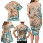 Personalised Australia Mother's Day Family Matching Long Sleeve Bodycon Dress and Hawaiian Shirt Kangaroo Mum And Joey Aboriginal Dot Art