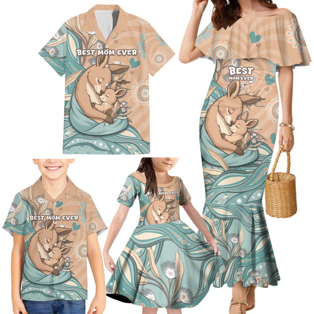 Personalised Australia Mother's Day Family Matching Mermaid Dress and Hawaiian Shirt Kangaroo Mum And Joey Aboriginal Dot Art