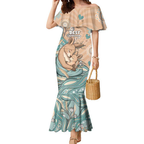 Personalised Australia Mother's Day Family Matching Mermaid Dress and Hawaiian Shirt Kangaroo Mum And Joey Aboriginal Dot Art