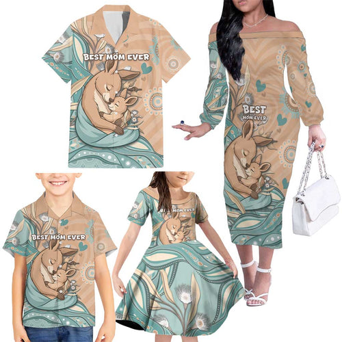 Personalised Australia Mother's Day Family Matching Off The Shoulder Long Sleeve Dress and Hawaiian Shirt Kangaroo Mum And Joey Aboriginal Dot Art