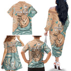 Personalised Australia Mother's Day Family Matching Off The Shoulder Long Sleeve Dress and Hawaiian Shirt Kangaroo Mum And Joey Aboriginal Dot Art