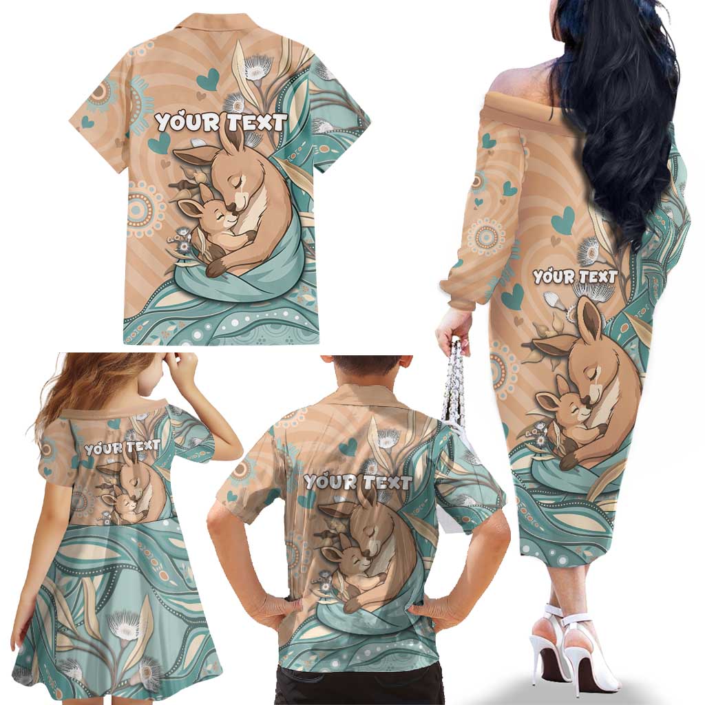 Personalised Australia Mother's Day Family Matching Off The Shoulder Long Sleeve Dress and Hawaiian Shirt Kangaroo Mum And Joey Aboriginal Dot Art