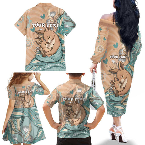 Personalised Australia Mother's Day Family Matching Off The Shoulder Long Sleeve Dress and Hawaiian Shirt Kangaroo Mum And Joey Aboriginal Dot Art
