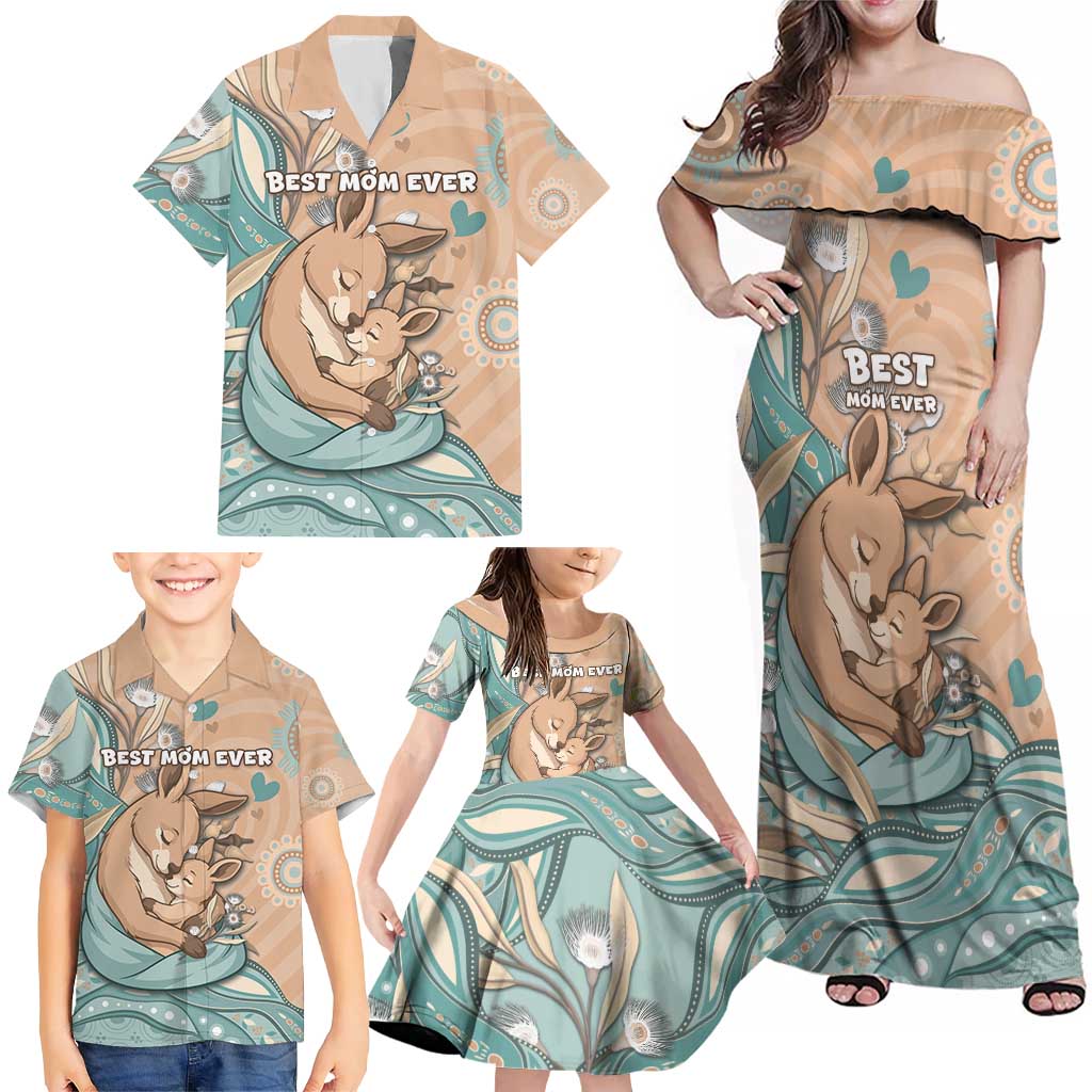 Personalised Australia Mother's Day Family Matching Off Shoulder Maxi Dress and Hawaiian Shirt Kangaroo Mum And Joey Aboriginal Dot Art