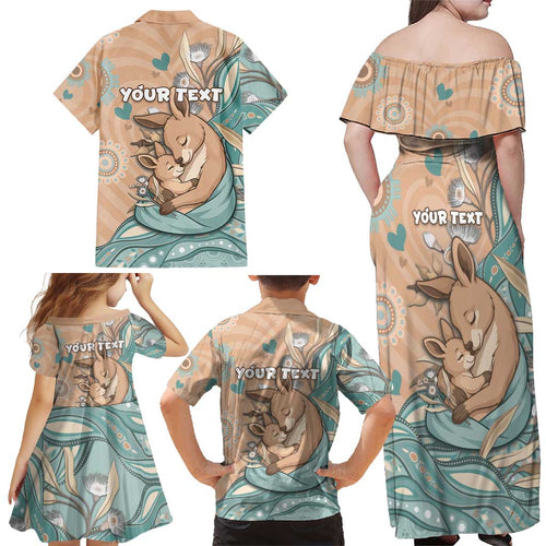 Personalised Australia Mother's Day Family Matching Off Shoulder Maxi Dress and Hawaiian Shirt Kangaroo Mum And Joey Aboriginal Dot Art