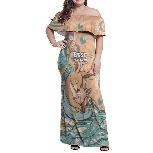 Personalised Australia Mother's Day Family Matching Off Shoulder Maxi Dress and Hawaiian Shirt Kangaroo Mum And Joey Aboriginal Dot Art