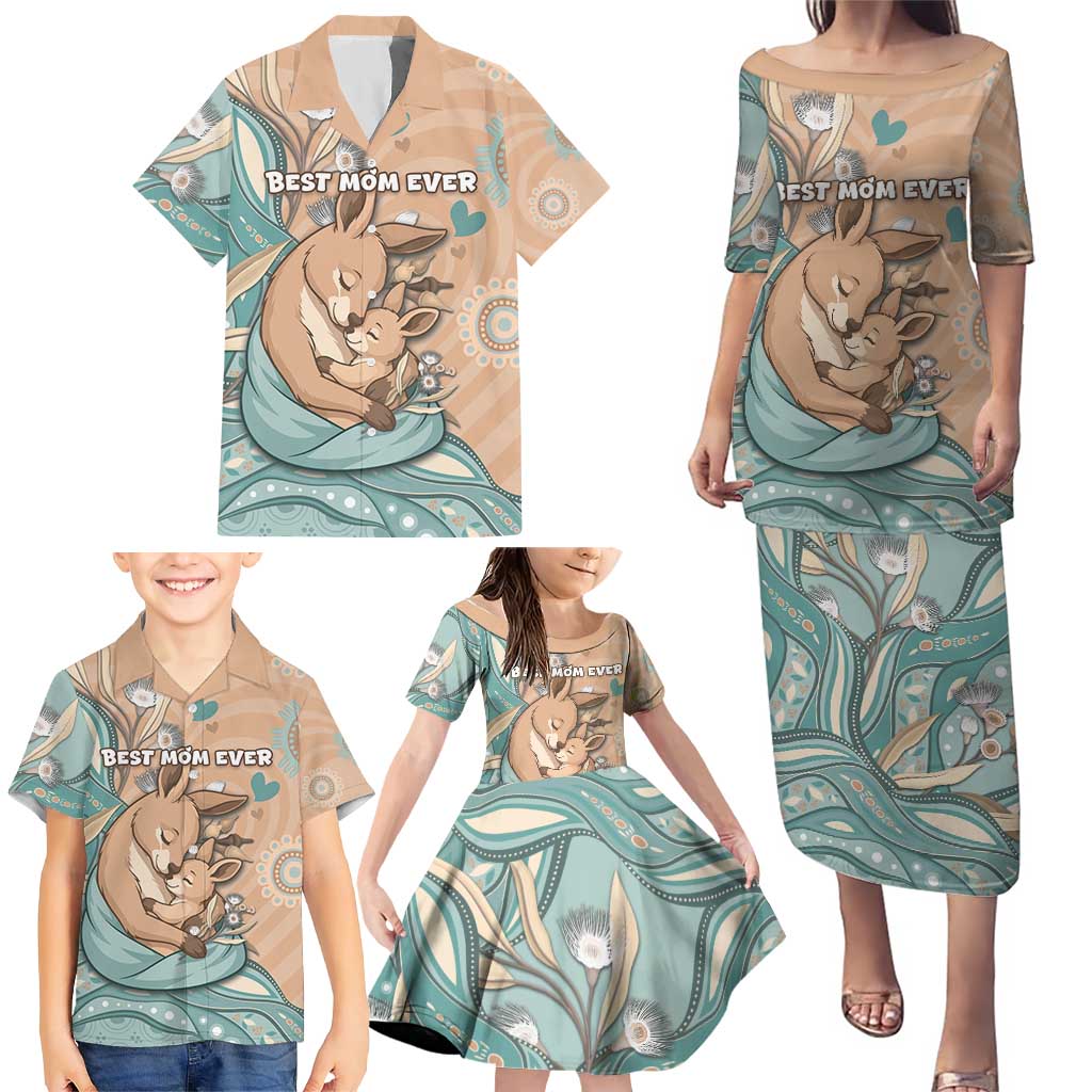 Personalised Australia Mother's Day Family Matching Puletasi and Hawaiian Shirt Kangaroo Mum And Joey Aboriginal Dot Art