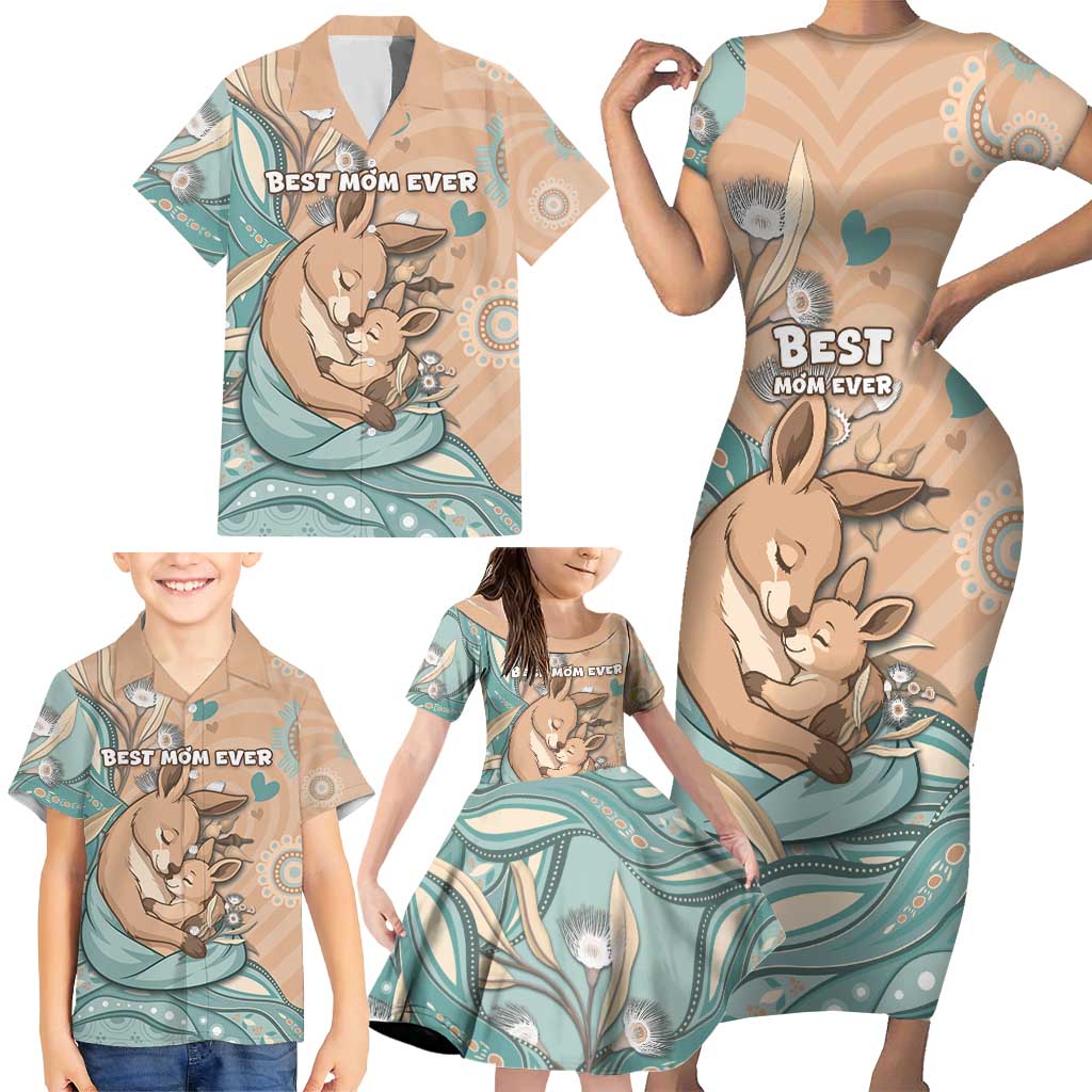 Personalised Australia Mother's Day Family Matching Short Sleeve Bodycon Dress and Hawaiian Shirt Kangaroo Mum And Joey Aboriginal Dot Art