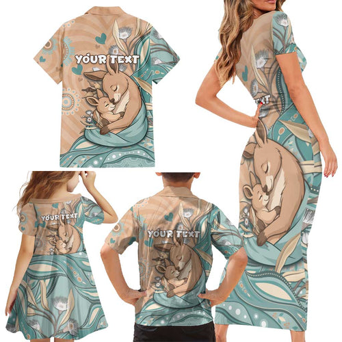 Personalised Australia Mother's Day Family Matching Short Sleeve Bodycon Dress and Hawaiian Shirt Kangaroo Mum And Joey Aboriginal Dot Art